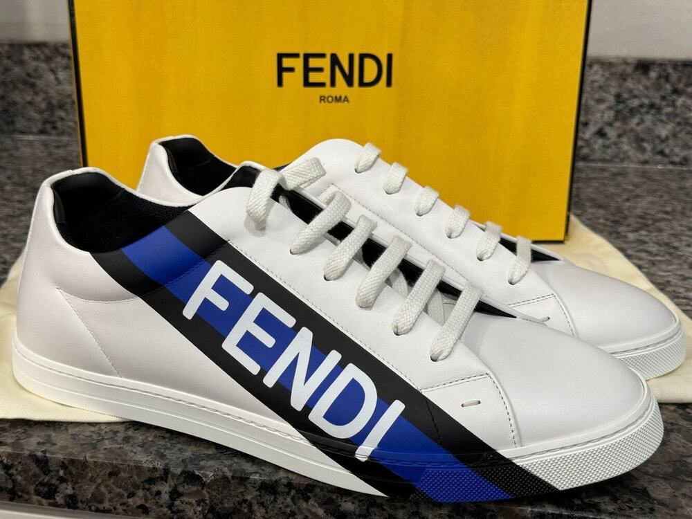 Fendi White Leather Low Top Fendi Logo Print Blue SZ 11 Sneakers - SAL 325571